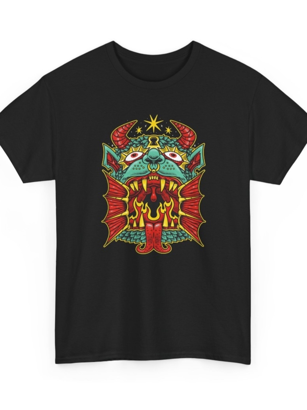 Graphic Demon Crest Black Tee - Bold Multicolor Print